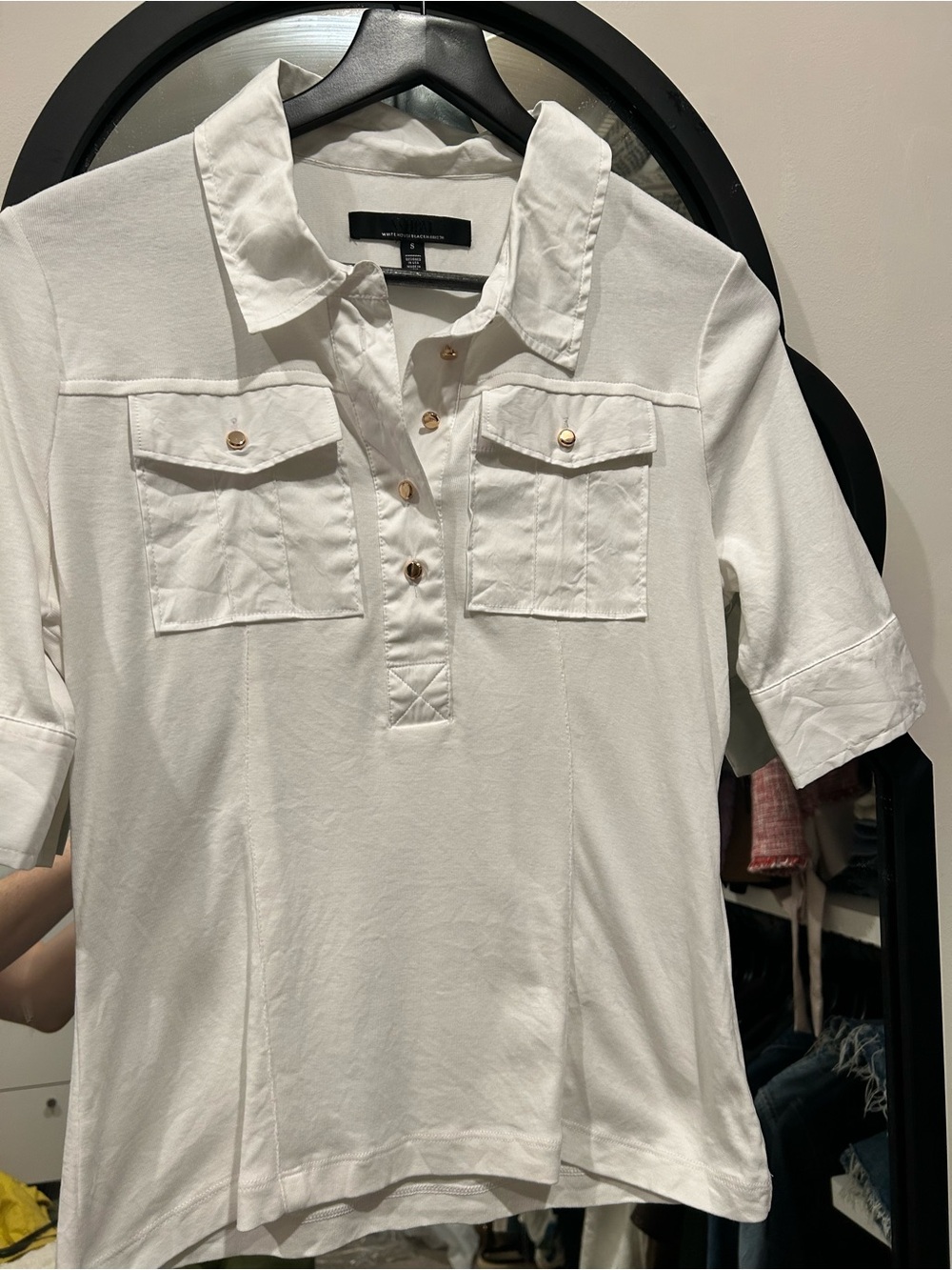 White House Black Market White Short-Sleeve Button-Front Polo with Chest Pockets